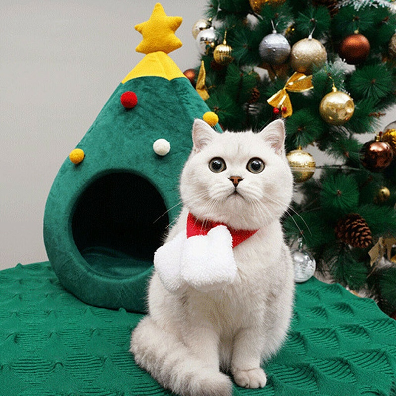 Pet House Cat Christmas Tree Shape Bed Dog Nest Puppy Cave Washable Cat Mat Warm Soft Winter Cat House Pet Supplies Pet Bed