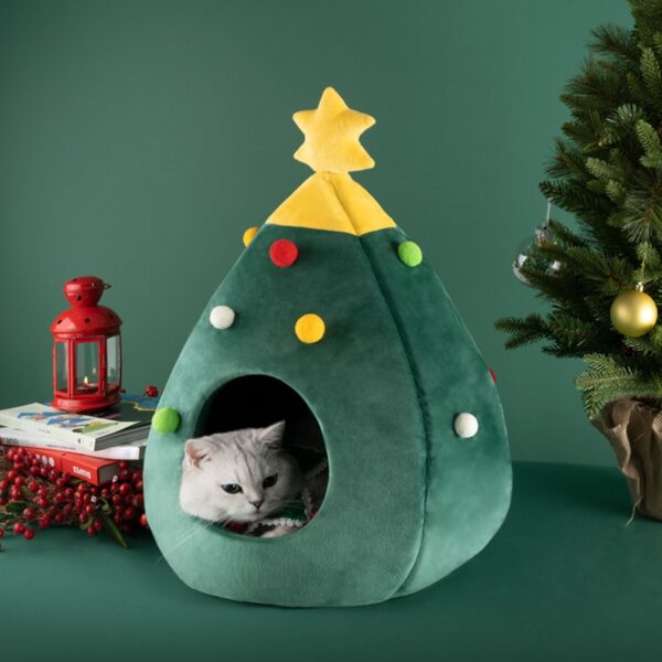 Pet House Cat Christmas Tree Shape Bed Dog Nest Puppy Cave Washable Cat Mat Warm Soft Winter Cat House Pet Supplies Pet Bed